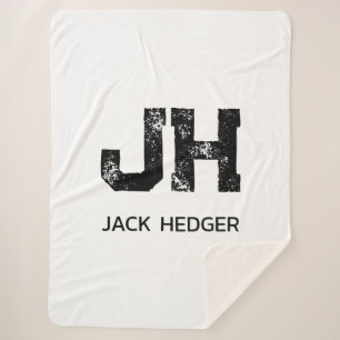 MINIMALIST BLACK TWO LETTER MONOGRAM NAME WHITE SHERPA BLANKET