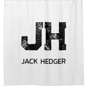 MINIMALIST BLACK TWO LETTER MONOGRAM NAME WHITE SHOWER CURTAIN