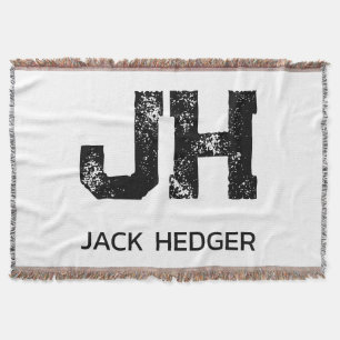 MINIMALIST BLACK TWO LETTER MONOGRAM NAME WHITE THROW BLANKET