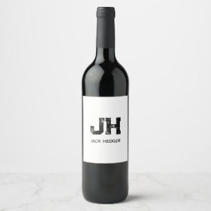 MINIMALIST BLACK TWO LETTER MONOGRAM NAME WHITE WINE LABEL