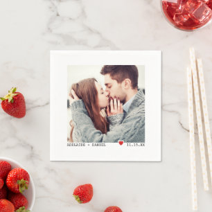 Minimalist Black Typing, Red Heart Wedding Photo Napkin