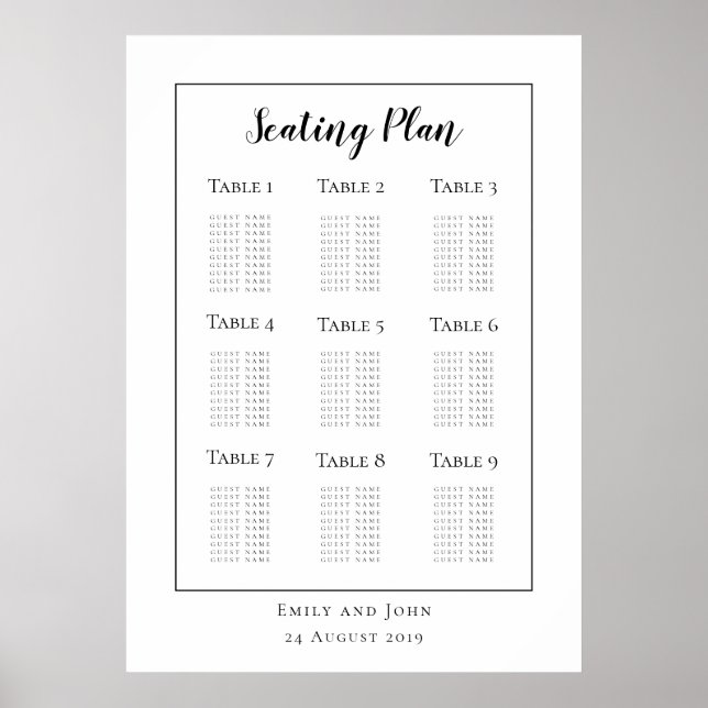 Minimalist Black Typography/border Seating Plan Poster (Front)