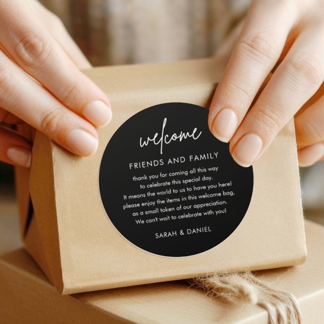 Minimalist Black Wedding Welcome Box Classic Round Sticker (Creator Uploaded)
