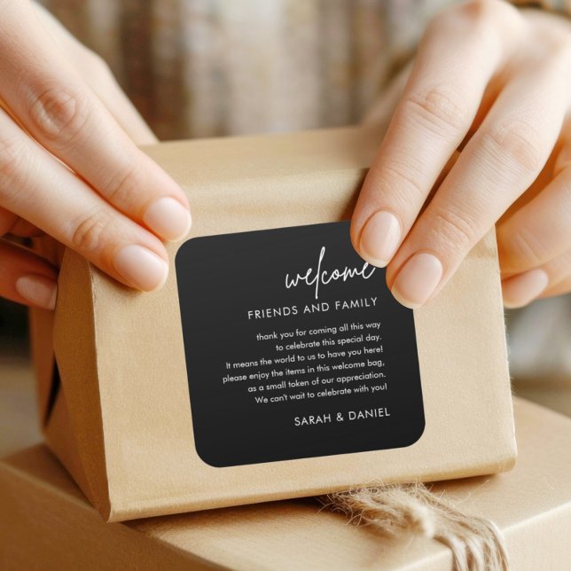 Minimalist Black Wedding Welcome Gift Bag Basket  Square Sticker (Creator Uploaded)