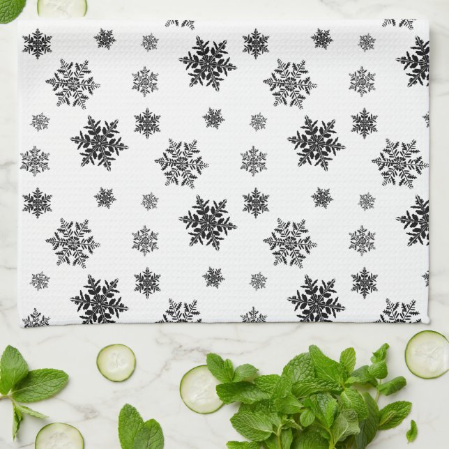 Minimalist Black Whimsical Snowflake Pattern  Tea Towel (Folded)