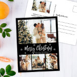 Minimalist Black White 4 Photo Collage Christmas  Postcard<br><div class="desc">Budget, Modern, Elegant, Black and White 4 Photo Collage Merry Christmas Script Holiday Postcard. This festive, mimimalist, whimsical four (4) photo holiday card template features a pretty photo collage, some snowflake and says Merry Christmas! The „Merry Christmas” greeting text is written in a beautiful white colour hand lettered typography font...</div>