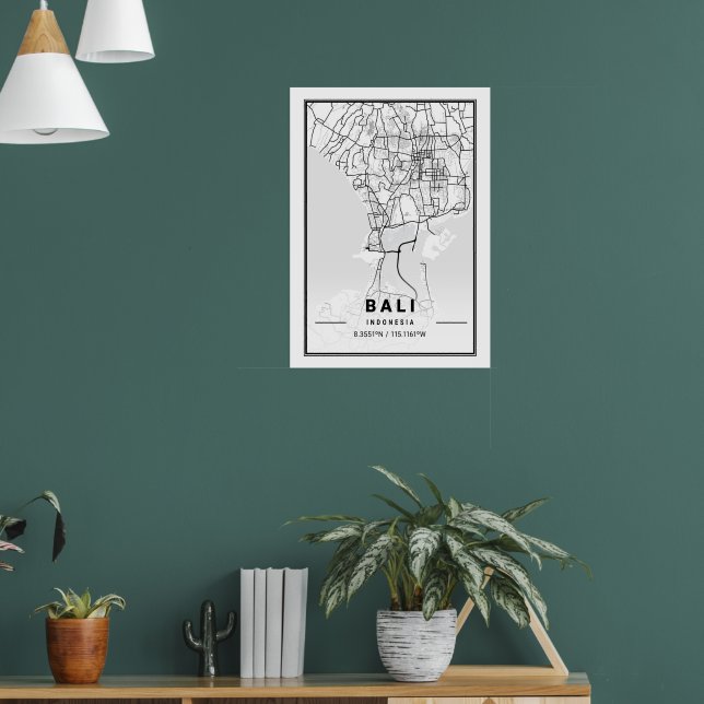 Minimalist Black & White Bali City Map  Poster (Living Room 1)