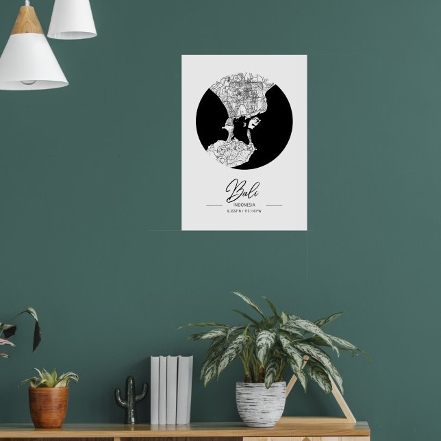 Minimalist Black & White Bali City Map  Poster (Living Room 1)
