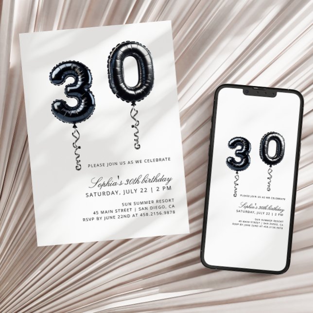 Minimalist Black & White Balloons 30th Birthday Invitation (Creator Uploaded)
