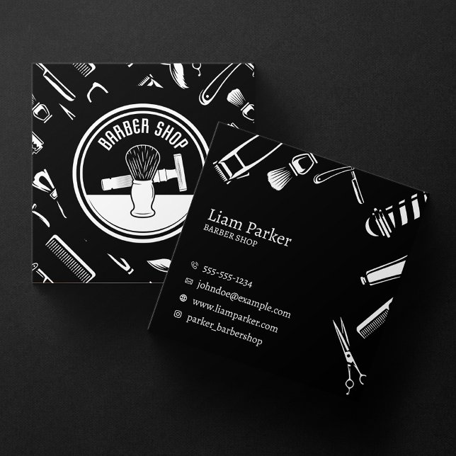 Minimalist Black & White Barber Shop Hair Stylist Square Business Card (Creator Uploaded)