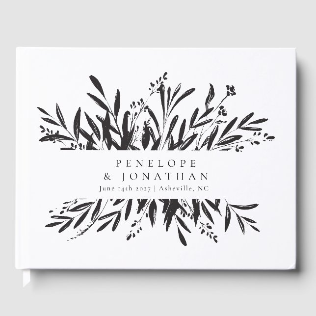 Minimalist Black White Botanical Custom Wedding  Guest Book (Front)