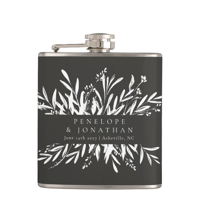 Minimalist Black White Botanical Custom Wedding   Hip Flask (Front)