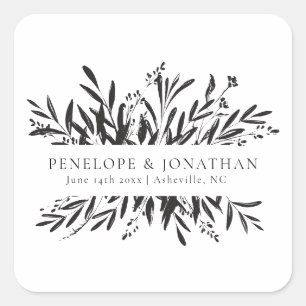 Minimalist Black White Botanical Wedding Favor Square Sticker