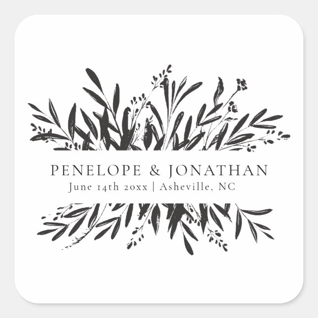 Minimalist Black White Botanical Wedding Favor Square Sticker (Front)