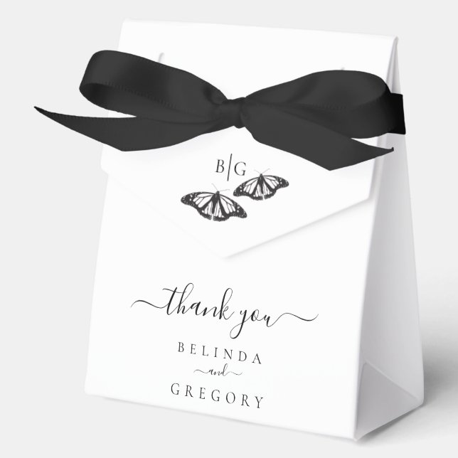 Minimalist Black White Butterfly Monogram Wedding Favour Box (Front)