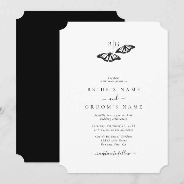 Minimalist Black White Butterfly Monogram Wedding Invitation (Front/Back)