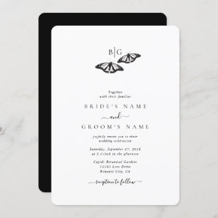Minimalist Black White Butterfly Monogram Wedding Invitation