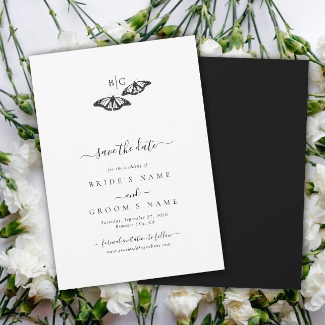 Minimalist Black White Butterfly Monogram Wedding Save The Date (Minimalist Black White Butterfly Monogram Wedding Save The Date)