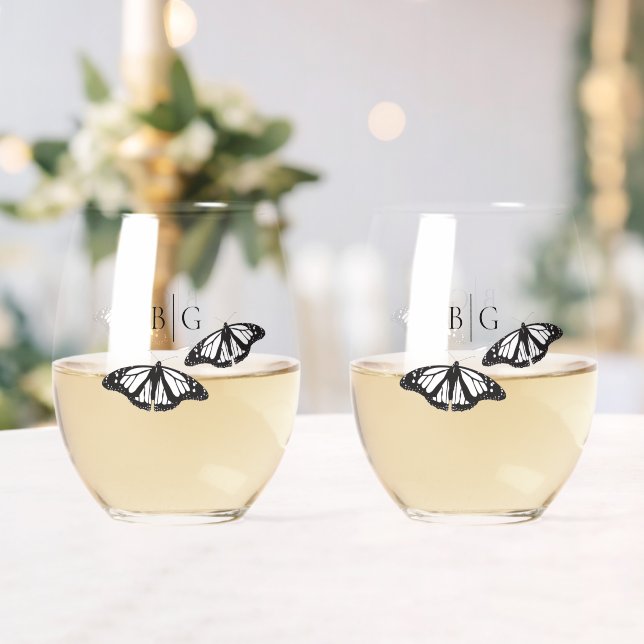 Minimalist Black White Butterfly Monogram Wedding Stemless Wine Glass (Insitu (Wedding))