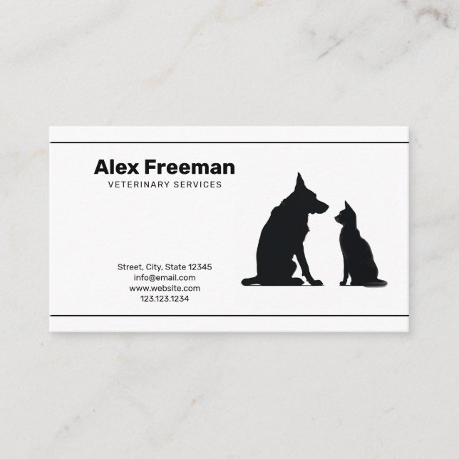 Minimalist Black & White Cat Dog Veterinarian Business Card (Front)