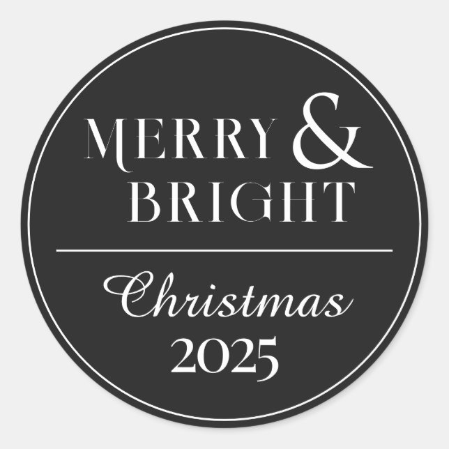 Minimalist Black White Christmas Sticker with Year (Front)
