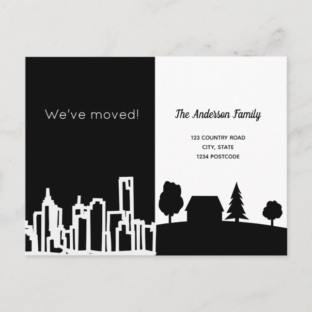 Minimalist black white city country we moved announcement postcard (Front)