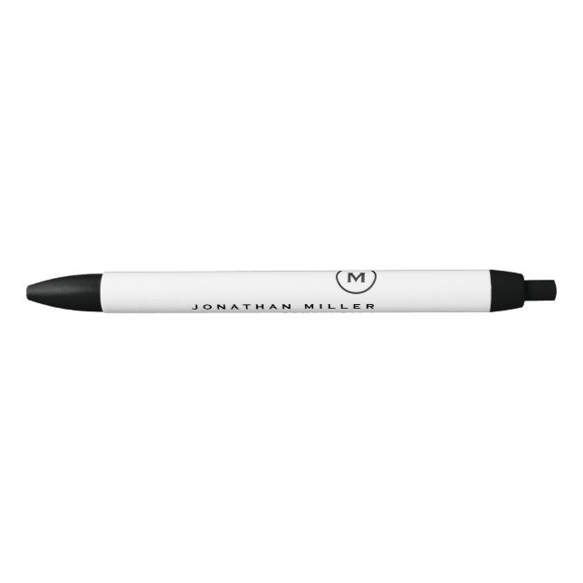 Minimalist Black White Classic Monogrammed Black Ink Pen (Front)