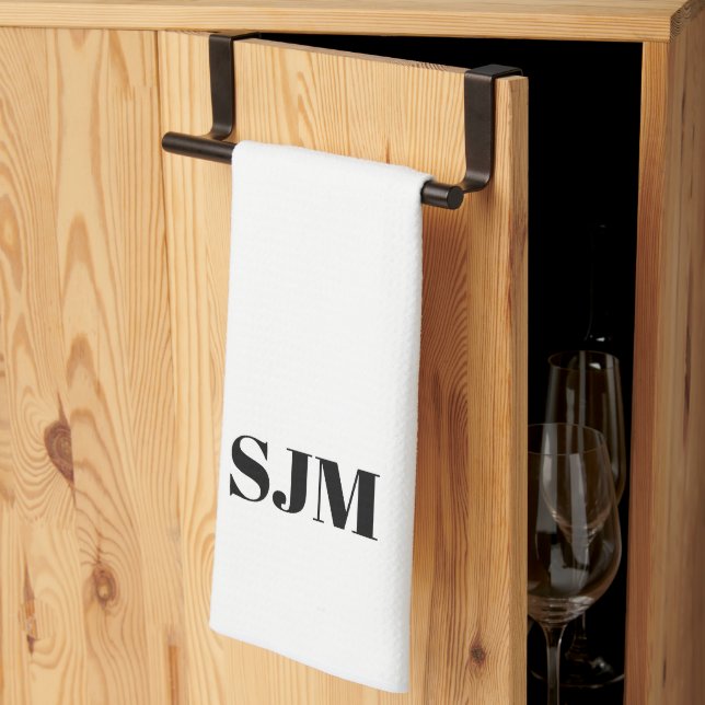 Minimalist black white Custom monogram initials Tea Towel (Thirds Fold)