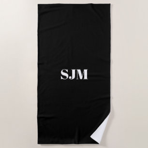 Minimalist black white Custom monogram name Beach Towel