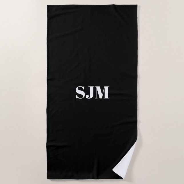 Minimalist black white Custom monogram name Beach Towel (Front)