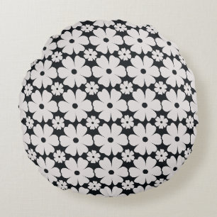 Minimalist black & white daisy pattern round cushion