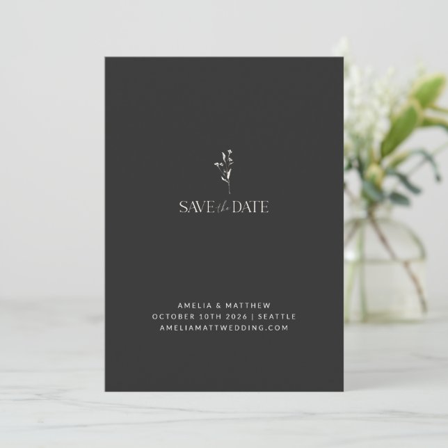 Minimalist Black White Delicate Botanical Wedding Save The Date (Standing Front)