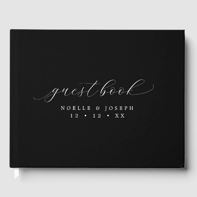Minimalist Black & White Elegant Script Wedding Guest Book (Front)