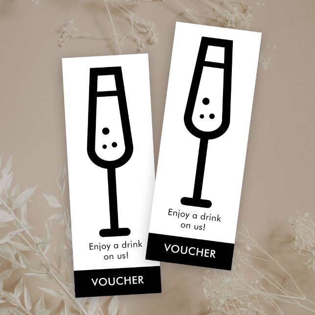 Minimalist Black White Event Free Drink Voucher Mini Business Card (Modern free drinks voucher in black & white design featuring a bubbly glass on the front)