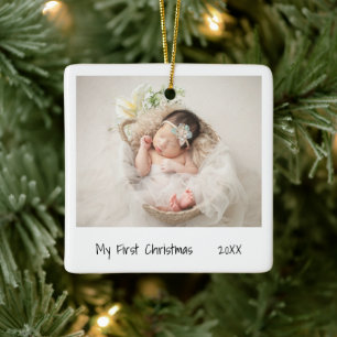 Minimalist Black White First Christmas Photo Baby Ceramic Ornament