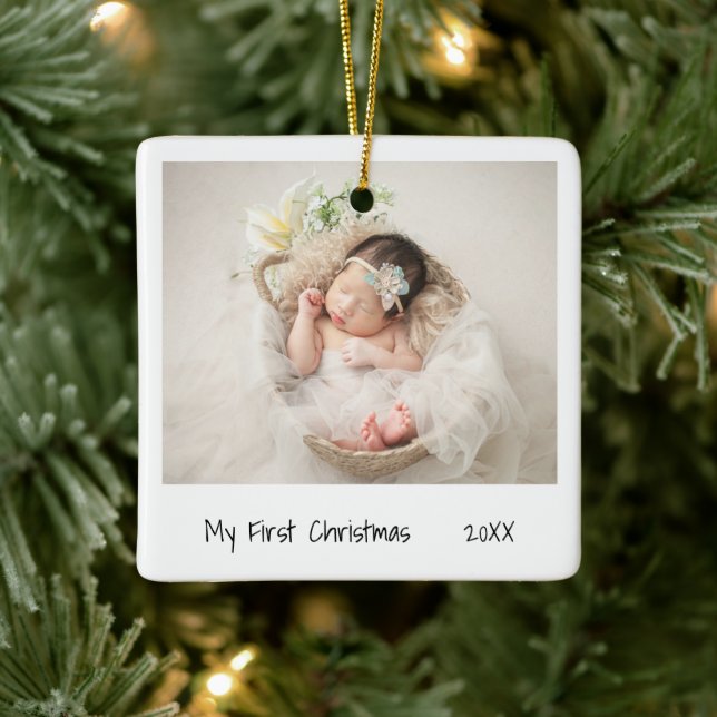 Minimalist Black White First Christmas Photo Baby Ceramic Ornament (Tree)