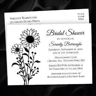 Minimalist Black White Floral Bridal Shower  Invitation Postcard