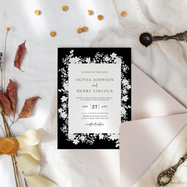 Minimalist Black | White Floral Frame Wedding Invitation (Creator Uploaded)
