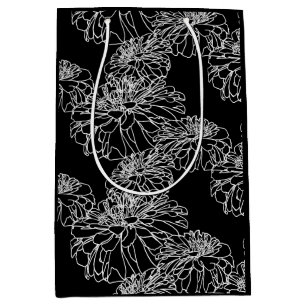 Minimalist black white floral line drawing  medium gift bag