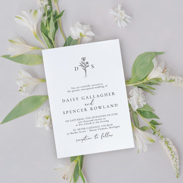 Minimalist Black & White Floral Monogram Wedding Invitation (Creator Uploaded)