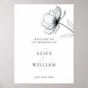 Minimalist Black White Floral Wedding Welcome Sign