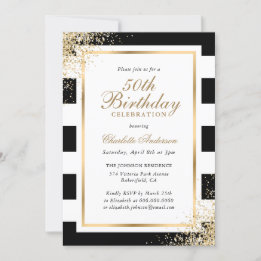 Minimalist Black White Gold Confetti 50th Birthday Invitation
