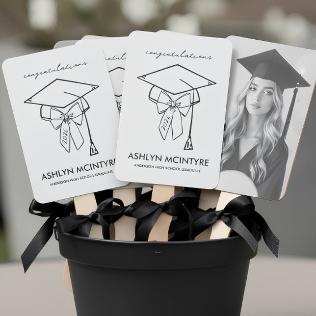 Minimalist Black & White Graduation Cap and Bow Hand Fan (Graduation Cap and Bow Hand Fans)