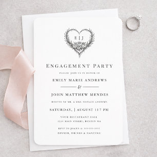 Minimalist Black White Heart Engagement Party Invitation
