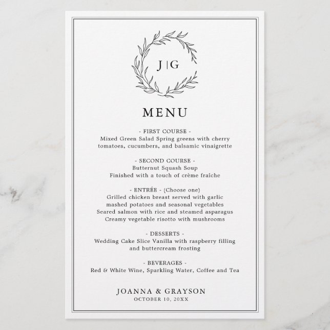 Minimalist Black & White Leaf Modern Wedding Menu (Front)