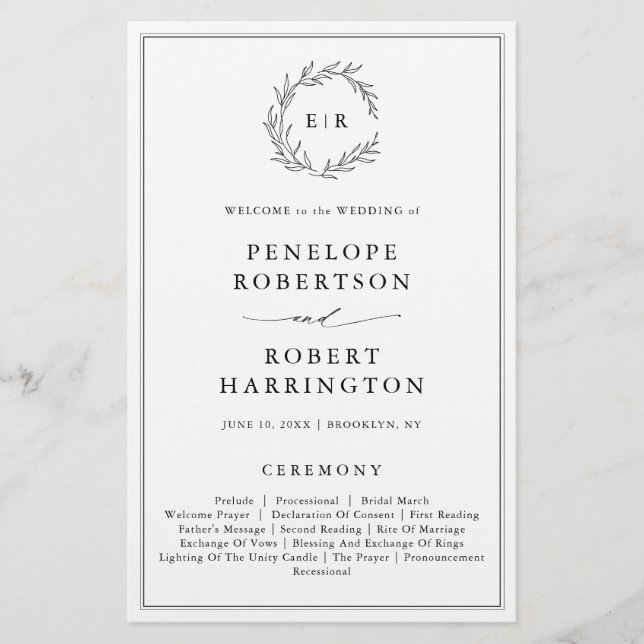 Minimalist Black White Leaf Modern Wedding Program (Front)