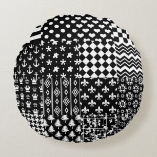 Minimalist Black White Mixed Pattern Style  Round Cushion