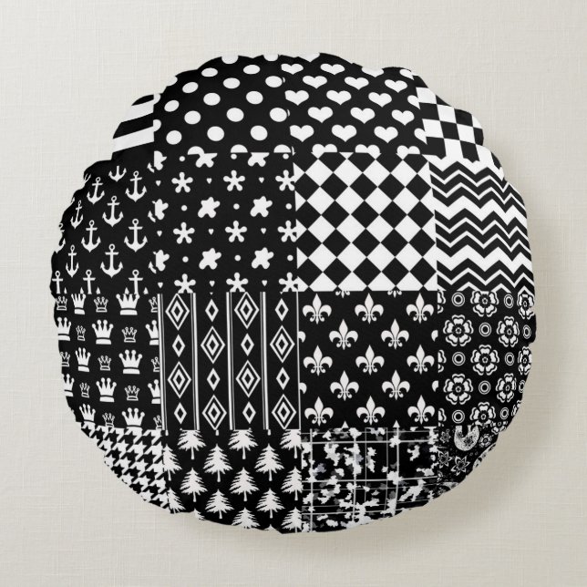 Minimalist Black White Mixed Pattern Style  Round Cushion (Front)