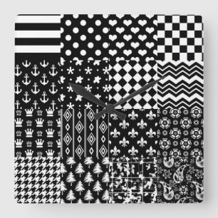 Minimalist Black White Mixed Pattern Style Square Wall Clock