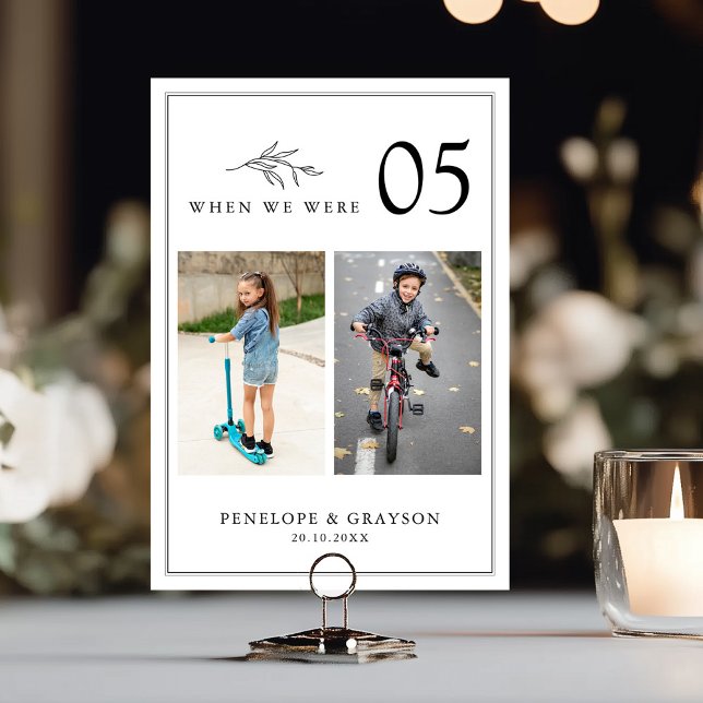Minimalist Black & White Modern Photo Wedding Table Number (Minimalist Black and White Leaf Modern Wedding Table number card with childhood photos)